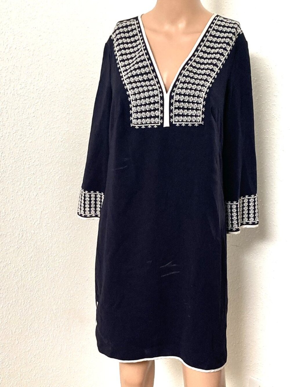 Ann Taylor Women’s Navy White Embroidered Kaftan Dress S V-Neck 3/4 Sleeve